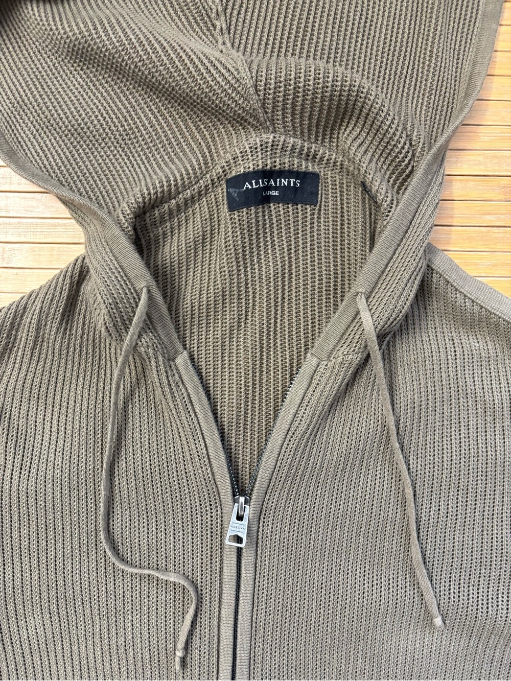 All Saints Taupe Knit Zip Hoodie — Neutral Ribbed Zip-Up